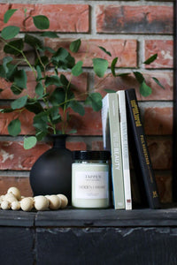 Tappen Apothecary Hidden Library candle on black dresser with books leaning against it, beads, and black case with eucalyputs aorund the candle and brick wall in the background