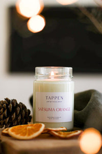 Tappen Apothecary Satsuma Orange 8.5oz soy candle surrounded by dried orange slices and pine cones