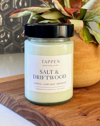 Tappen Apothecary Salt & Driftwood Candle from the Four Elements Collection on wooden board with a plant in the background/